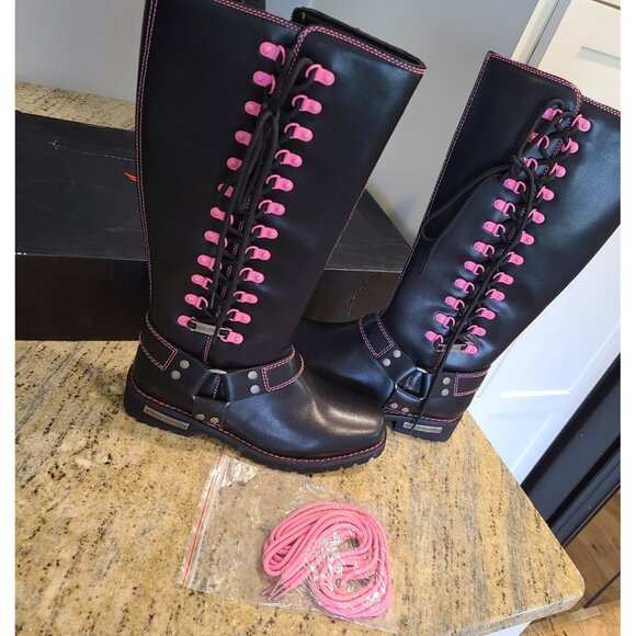 New? Women's Size 10 Motorcycle Boots Pink Black Lace up Zipper Dream Apparel® - Picture 1 of 12